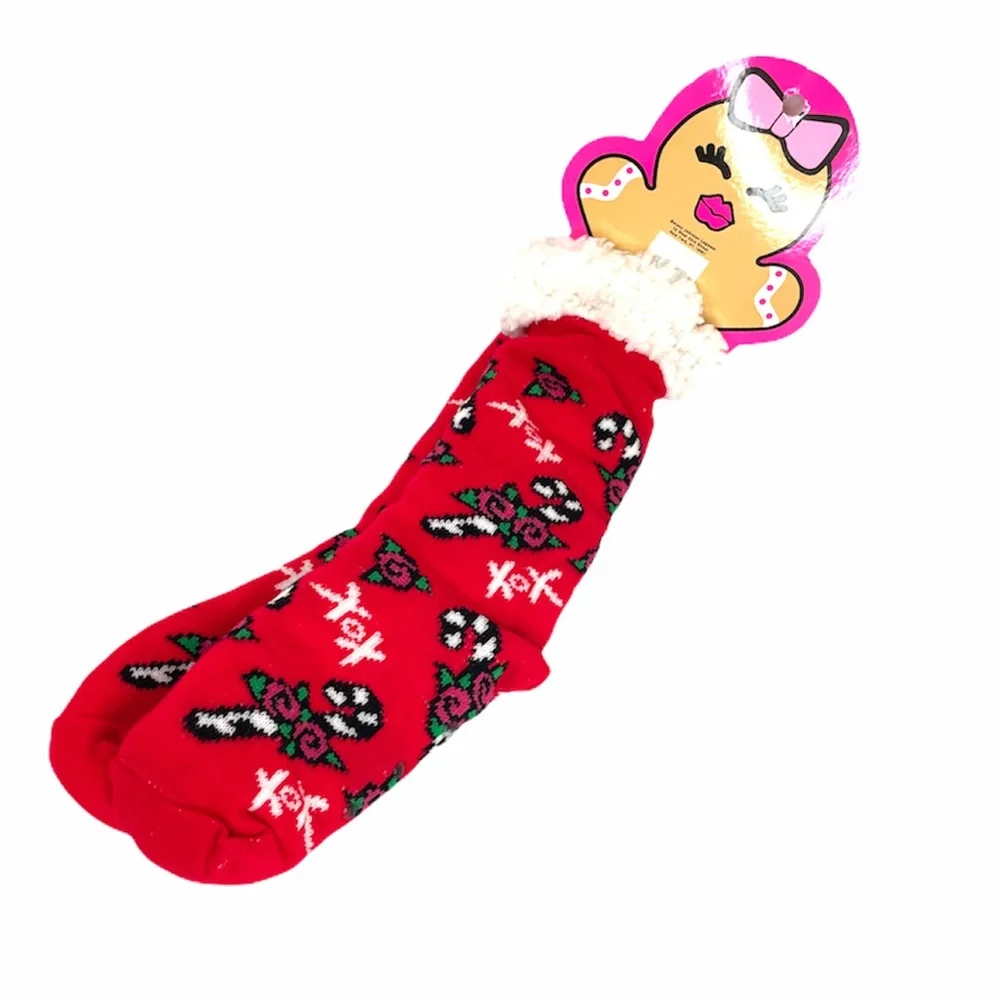 Betsey Johnson Candy Cane Slipper Socks, Red